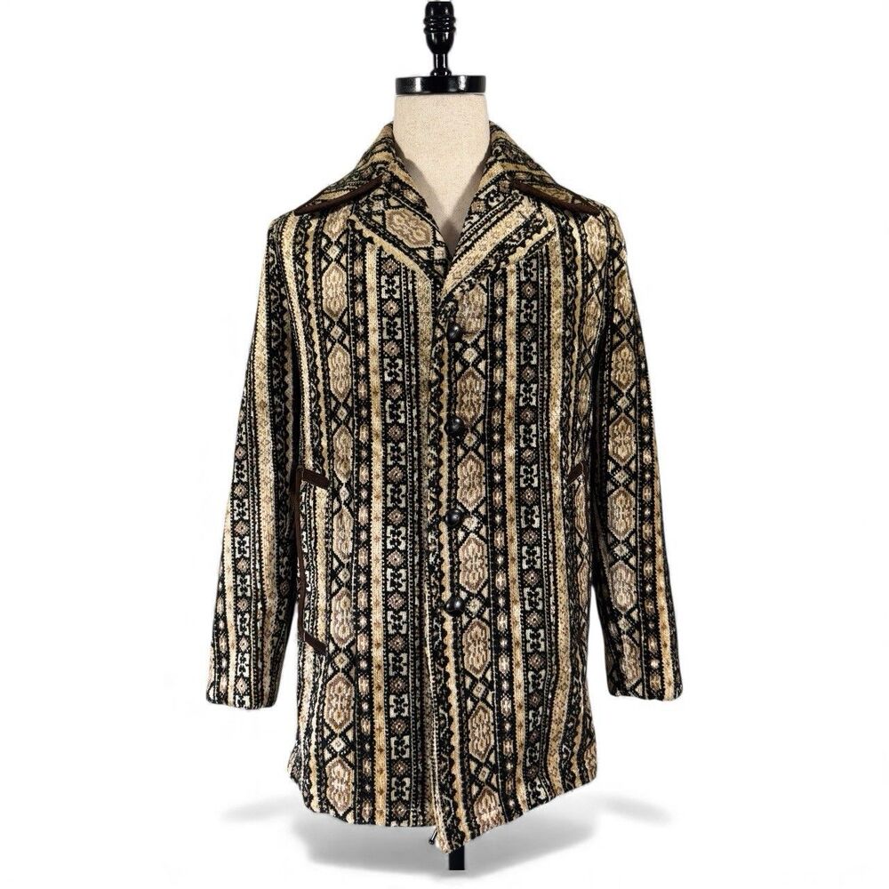 VTG Lakeland Jacket Coat Rich Chenille Geometric Tapestry Rare 70’s Boho Mens 42
